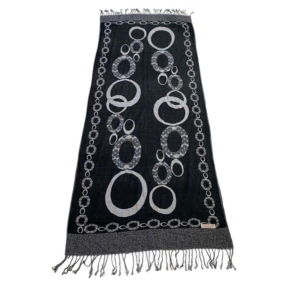 Vintage Pashmina Silk Oversized Fringed Scarf Wrap Abstract Print Black - Picture 1 of 6